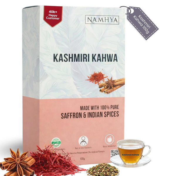Namhya Kashmiri Kahwa with Pure Saffron, Cardamom, Cinnamon and Rose Petals |