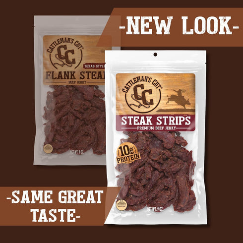 9 Cattleman's Cut Steak Strips Beef Jerky, Texas Style Flank Steak, Premium Marinated Steak High Protein Meat Snacks