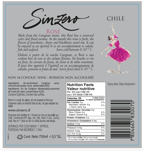 25.4 oz 0.5% SINZERO - Non-Alcoholic Ros Wine - fl Bottle - De-alcoholized under ABV Low Calorie Vegan Ros - Pale
