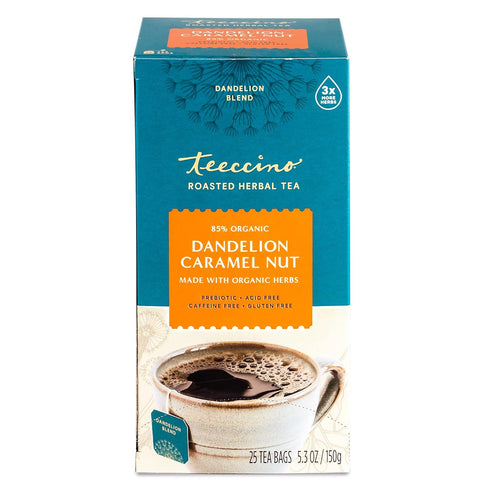 Teeccino Dandelion Caramel Nut Tea, 25 Tea Bags, Caffeine Free, Herbal Tea with Prebiotics