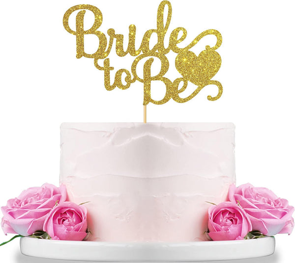 Bride to Be Cake Topper with Heart - Gold Glitter Decoration Supplies for Wedding Bachelorette Party Cake