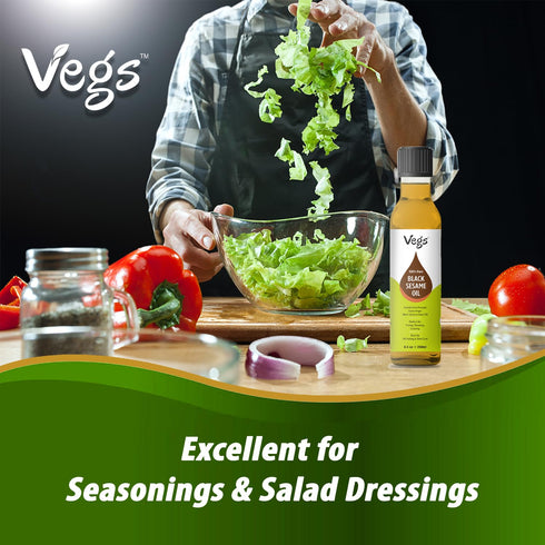 100% 8.4 oz Vegs Black Sesame Oil - Pure Organic Cold-Pressed Extra Black Sesame Seed Oil for Cooking, Skin, Hair