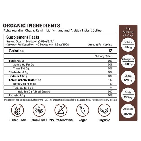 Tiger Ashwagandha Mushroom Instant Coffee with Arabica by LOKO nature | 30 servings