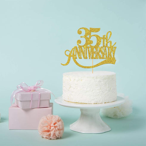 Gold Glitter 35th Anniversary Cake Topper for Happy 35th Wedding Anniversary / Birthday Party Decorations
