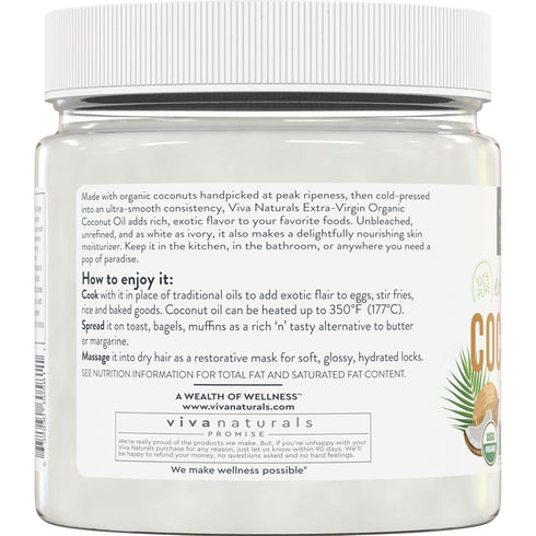 16 oz Viva Naturals Organic Coconut Oil, fl Unrefined, Cold-Pressed Extra Virgin Coconut Oil, USDA Organic & Non-GMO