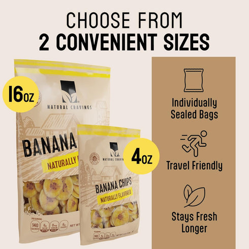 Natural Cravings Pack 100% 4 oz. 12 Pack) Healthy Banana Chips Dried Slices - Family Bags of Dried Banana Chips