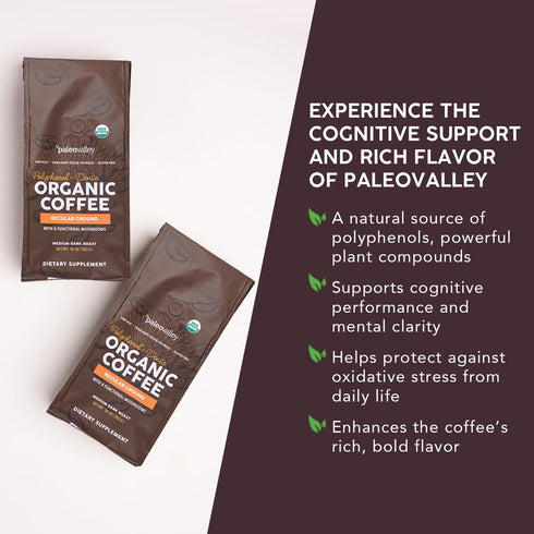 10oz Paleovalley Organic Ground Coffee, - Regular, Low Acid, Single-Origin, Polyphenol-Rich, Infused with Mushrooms