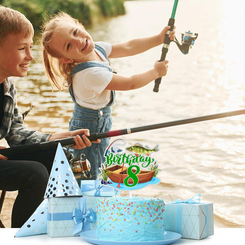 LIANGSS 8th (8th) Adorable Fishing Boat Birthday Cake Topper Boys Girls Bass Fish Decorations, Little Angler Party