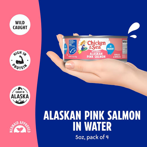 5 4-Count Chicken of the Sea Alaskan Pink Canned Salmon in Water, Ounce Cans, High Protein Skinless & Boneless Wild