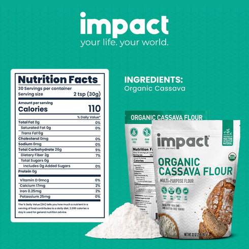 2lb Impact - Organic Cassava Flour - Gluten-Free Baking Essential - Grain-Free Wheat Flour Substitute for Cooking