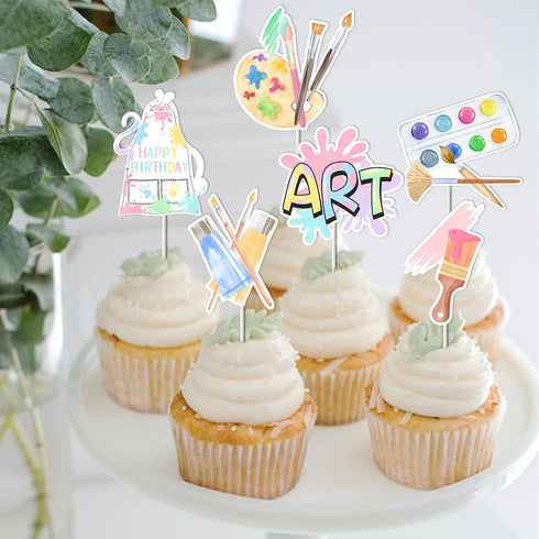 Art Birthday Party Decorations Girl - 24pcs Art Paint Party Cupcake Toppers for Rainbow Art Birthday Supplies