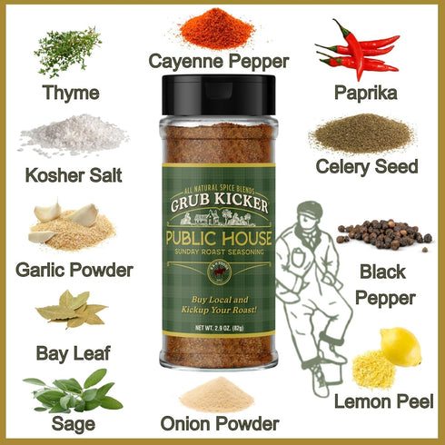 2.9 oz Grub Kicker Public House Sunday Roast Seasoning - Bottle - Prime Rib, Pot Roast, and Beef Tenderloin Spice Rub
