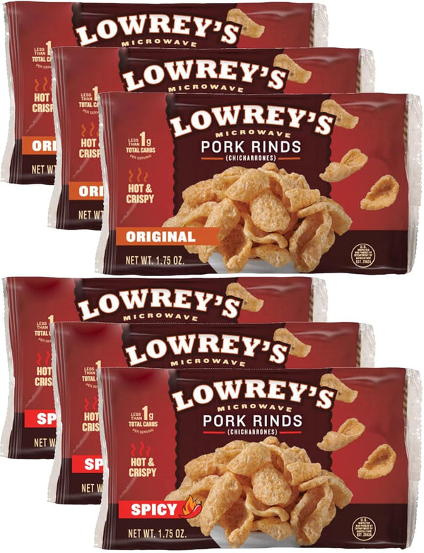Lowreys Bacon Curls, microwave Pork Rinds Variety Combo, Original & Hot &