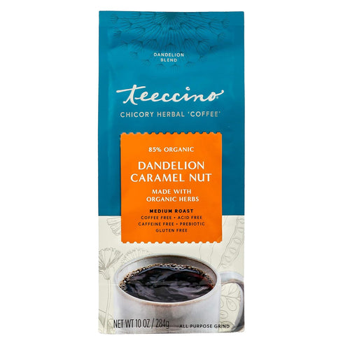 10 oz Teeccino Dandelion Caramel Nut Herbal Coffee - Caffeine-Free Coffee Alternative with Prebiotics, Gluten Free