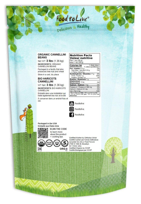 3 Food to Live Organic Cannellini Beans, Pounds Non-GMO, Dried White Kidney Beans, Sproutable, Vegan, Kosher, Bulk.
