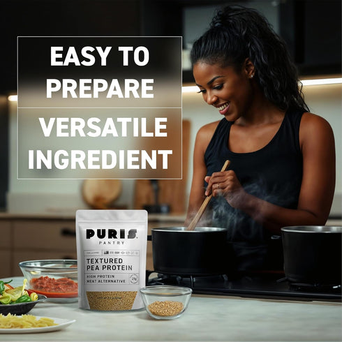 21g 1.5 PURIS Pantry Textured Pea Protein, Unflavored Meatless Vegetable Crumbles, Soy Free, Shelf-Stable, Gluten Free