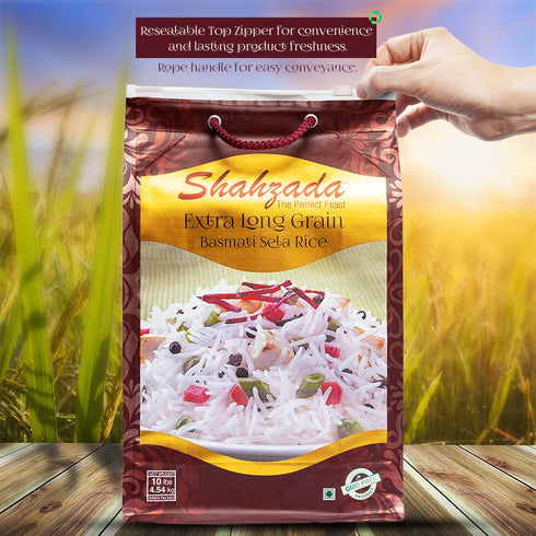 10 Lbs. Shahzada Basmati Sela Rice Extra Long Grain, Non-Sticky, Non GMO, Vegan, Gluten Free, No Cholesterol, Low