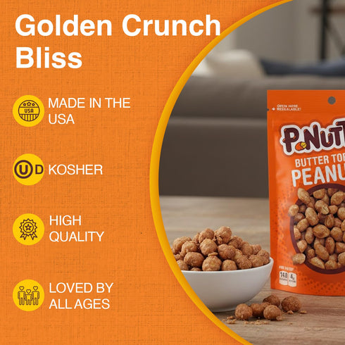 5.25 Oz (Pack 6) P-Nuttles Butter Toffee Covered Peanuts, Resealable Bag of - Sweet & Salty Candied Peanuts Snacks