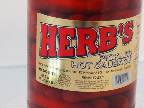 Herbs (1 39 Count RED HOT Pickled Sausage Gal. Jar) Beef & Chicken No Pork ( From Jersey Candy Company)
