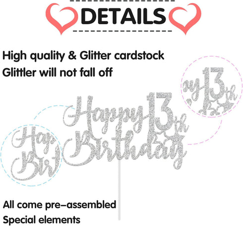 Silver Glitter Happy 13th Birthday Cake Topper - 13th Birthday Party Decoration, 13th Birthday Cake Topper