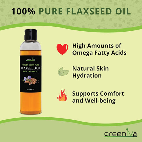 Grown100% (8 Oz) GreenIVe Flax Seed Oil Organically Pure Cold Pressed High Vegan Omega Fatty Acids Fl