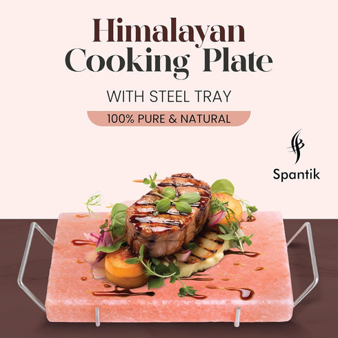 Set 12" 8" 1.5" 100% Spantik Professional Salt Block with Steel Tray x x Himalayan Cooking Plate for Grilling, Cooking