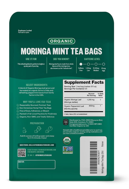 FGO Organic Moringa Mint Tea, 20 Count Eco-Conscious Herbal Tea Bags, Caffeine Free