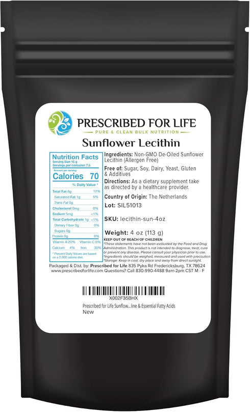 Prescribed For Life Sunflower Lecithin Powder, 4oz - Unbleached, Gluten Free, Vegan, Non GMO