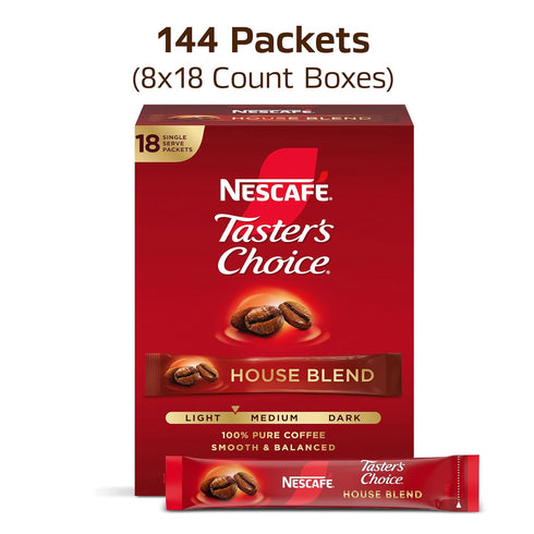 Packets, 8 (144 Packets) NESCAF Taster's Choice, Instant Coffee Light Medium Roast Coffee, House Blend, Boxes