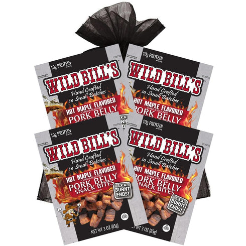 Wild Bills 3oz Hot Maple Pork Belly Bites Black Organza 4-Piece Gift