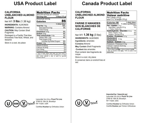 3 Food to Live California Unblanched Almond Flour, Pounds - Natural Meal, Finely Milled with Skin On, Raw Kosher Vegan