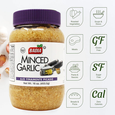 16 oz Badia Minced Garlic in Water, - Fresh Minced Garlic, Bold Flavor for All Purpose Cooking, Gluten Free