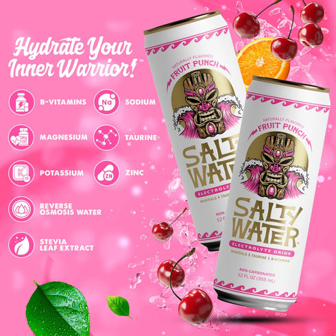 10 12 Pack (12 oz) SaltyWater Electrolyte Drink, Fruit Punch Zero Sugar Premium Hydration Drink, Calories, Minerals