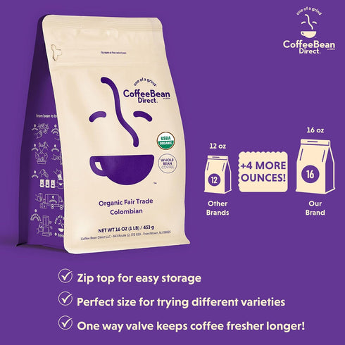 1 (Pack 1) Coffee Bean Direct Organic Fair Trade Colombian, Whole Bean Coffee, Arabica Coffee, Light Roast, Pound Bag