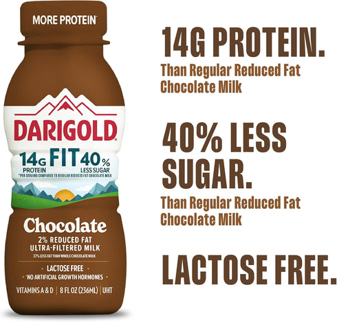 14g 40% 8oz 18 Pack DARIGOLD FIT - Ultra-Filtered, Low Fat, Lactose Free Chocolate Milk - Protein, Less Sugar