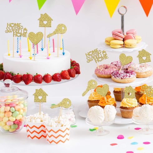 Zonon 55 Piece Home Sweet Home Cupcake Topper, Gold Glitter, New House Welcome Party