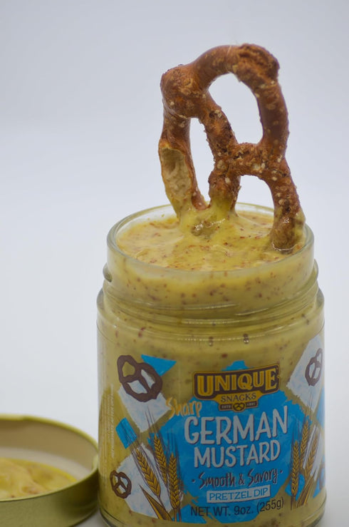 Pack 2 Unique Snacks Sharp German Mustard Dip, Whole Grain Mustard Seeds, Pretzel Dip, Non-GMO