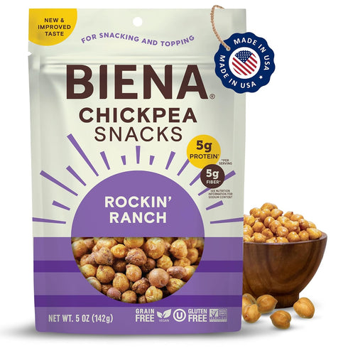 5 Pack BIENA Chickpea Snacks - Crunchy Roasted Chickpeas - High Fiber Vegan Protein Snacks for Adults and Kids - Ounce