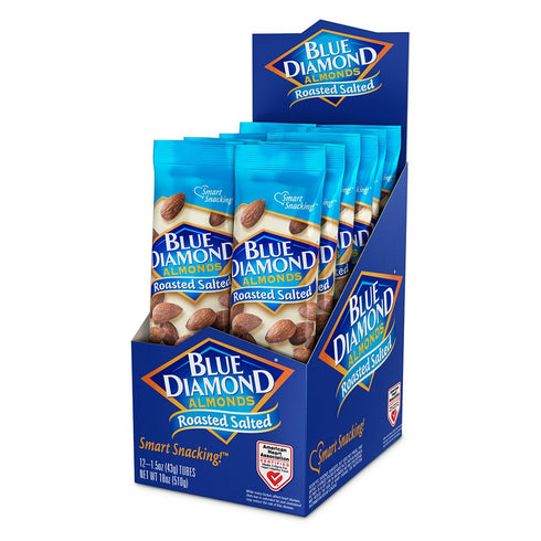(1.5 Oz. Pack 12) Blue Diamond Almonds, Roasted Salted Flavored Snack Nuts, Single Serve Bags Tubes