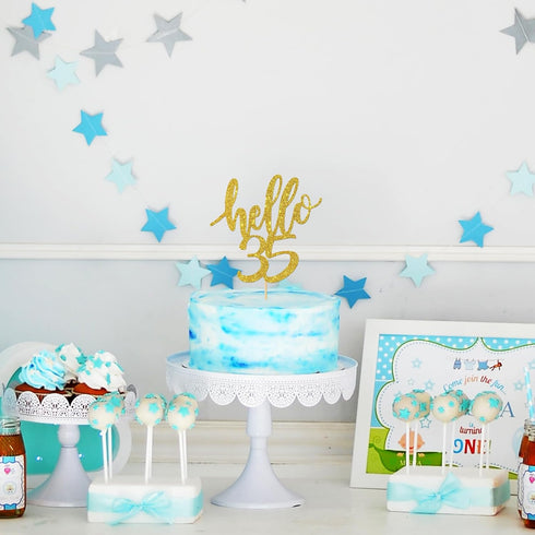 Hello 35 Cake Topper – 35th Birthday / Anniversary Party Decoration Supplies (Gold, Hello 35)