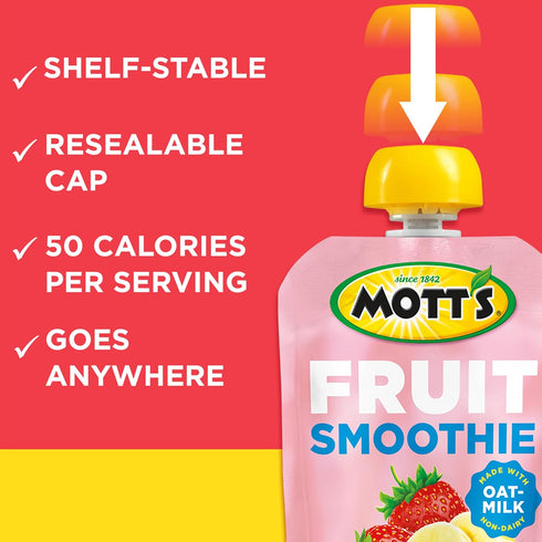 4.2 oz 8 Pack, Motts Fruit Smoothies Strawberry Banana, clear pouches, Non-dairy, Made With Oatmilk, Made With Real