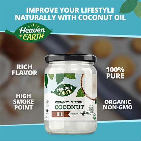 16oz Heaven & Earth USDA Organic Unrefined Virgin Coconut Oil, | Glass Jar | Cold Pressed | Coconut Oil for Cooking