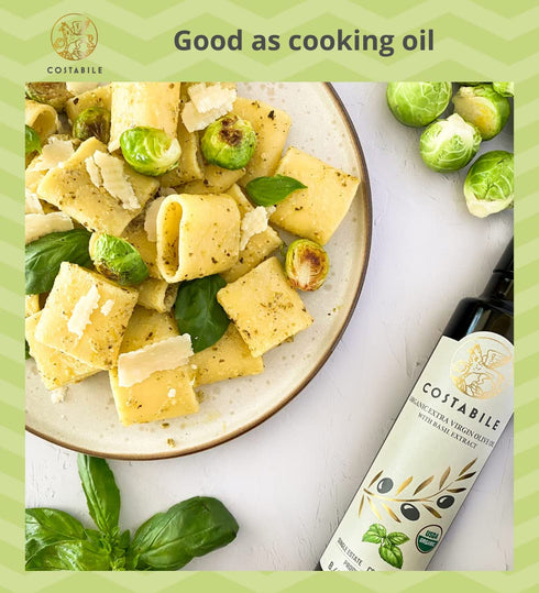100% Basil & Hot Chili Combo. Infused Extra Virgin Olive Oil. All-natural olive oils. Italian. COSTABILE
