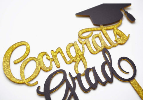 Congrats Grad Cake Topper - 2025 Graduation Party Decorations (Gold & Black)