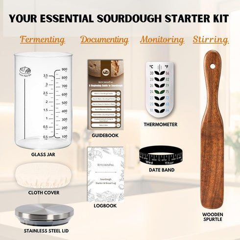 KitchenPal 34Oz Sourdough Starter Jar Kit with Date Band, Thermometer & Wooden Spurtle Glass Sourdough Starter
