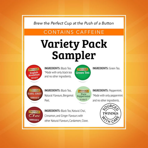 Pack, 10 Count (Pack 1), Twinings K-Cup Pods Variety Includes English Breakfast, Earl Grey, Chai, Green, and Peppermint