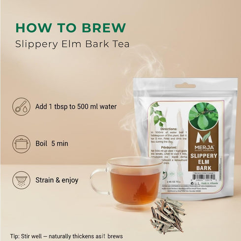 100% 70gr, Pack 1 Merja Herbs Slippery Elm Bark Tea - Digestion Support - Natural Caffeine Free - Loose Tea - Natural