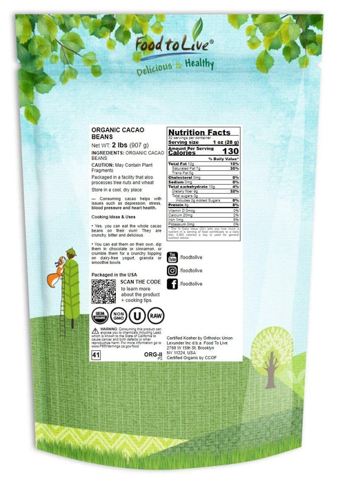 2 Food to Live Organic Cacao Beans, Pounds - Non-GMO, Keto, Vegan, Dry, Bulk, Rich in Dietary Fiber, Copper, Manganese