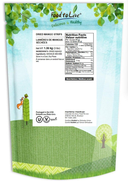 3 Food to Live Mango Strips, Pounds Natural Dried Fruit Trail Snack. No Sugar Added. Vegan, Kosher, Bulk