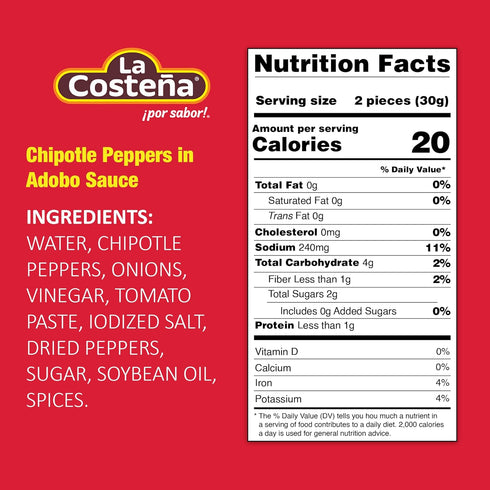 12oz, 12 Pack La Costea Chipotle Peppers in Adobo Sauce - Smoked Spicy Peppers Chipotle in Adobo Sauce - Mexican Food